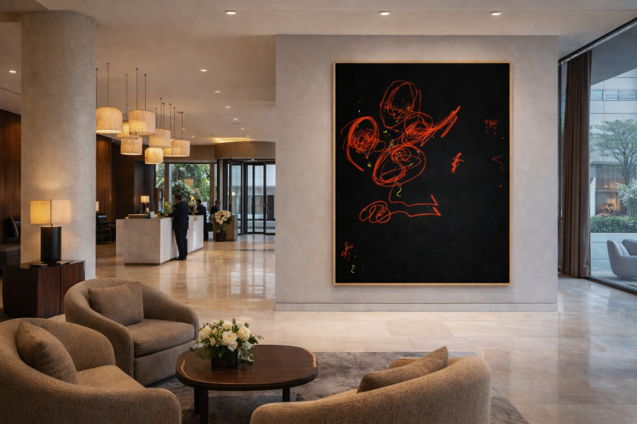 Large-scale contemporary abstract art by Cassandra Gaisford with red gestural markings on a black background, installed in a luxury hotel lobby to create atmosphere and emotional comfort.